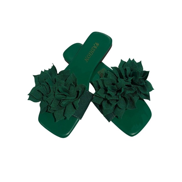 Fashion Shoes - Fashion Emerald Green 3D Floral Square Toe Flat Slide Sandals Womens Size 36